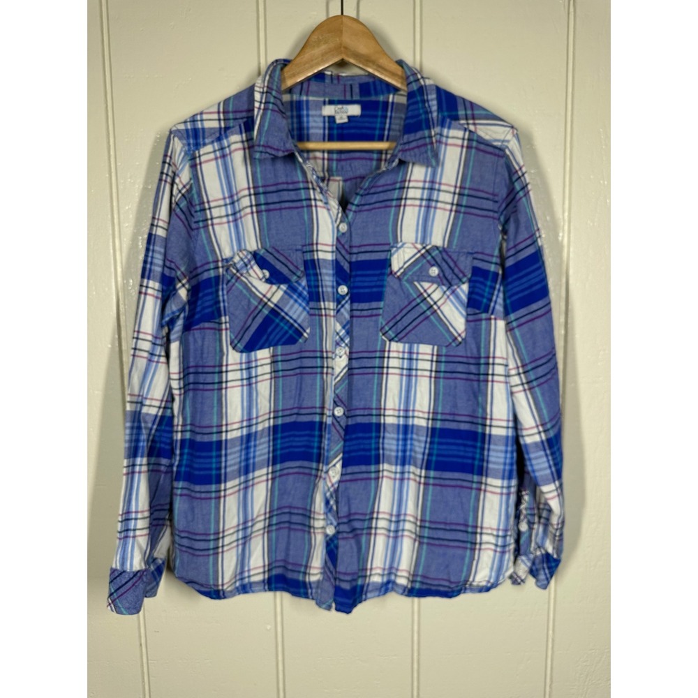 Croft & Barrow Button Down Womens XL Blue Plaid Long Sleeve Pocket Shirt Casual